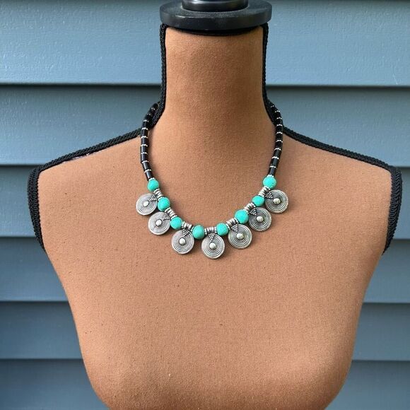 Mexicali Blues Single Strand Necklace Turquoise Obsidian Silver Boho Jewelry - Picture 1 of 9